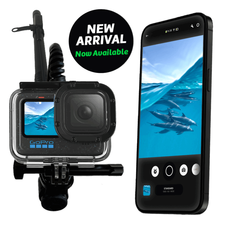 Seavu Seeker Pole Kit with extension pole, action camera, Seeker receiver and transmitter, livestreaming underwater footage to a mobile phone.