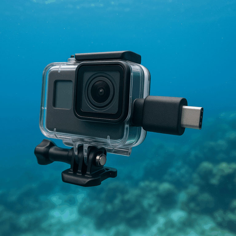 Action camera underwater with USB-C adapter and waterproof housing