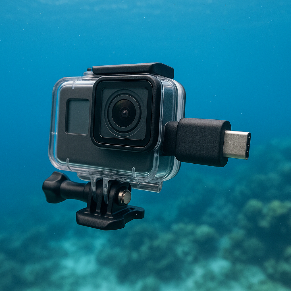 Action camera underwater with USB-C adapter and waterproof housing