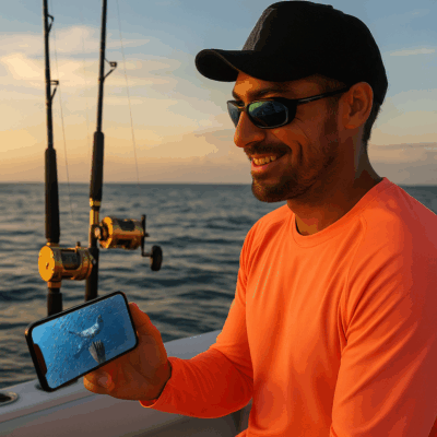 Man on fishing boat watching live underwater footage of baitball and seals on his phone