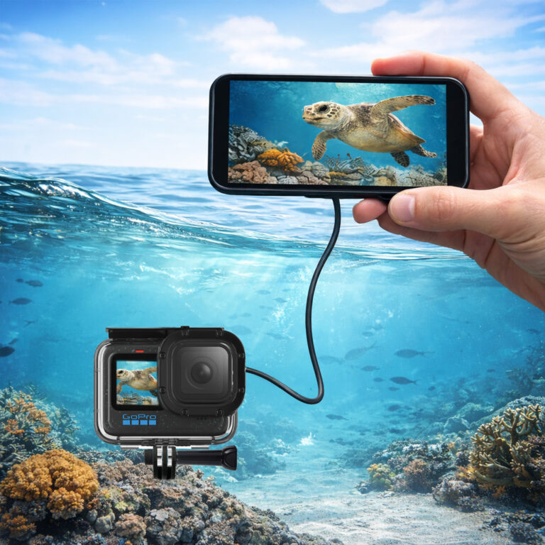 Live underwater video feed from an action camera shown on a smartphone using a tethered live-view system