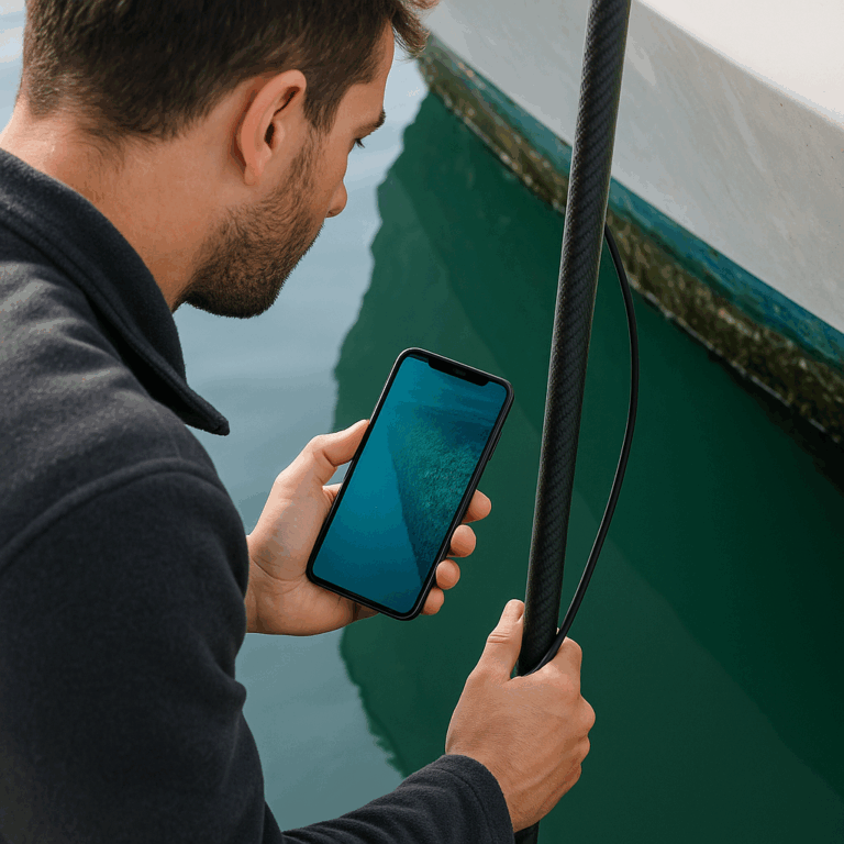 Person inspecting boat hull with Seavu Seeker Pole Kit showing live underwater footage on phone