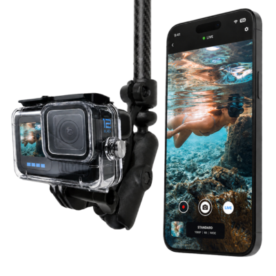 Seeker Pole Kit showing live underwater swimmer footage on a phone from a pole mounted action camera.