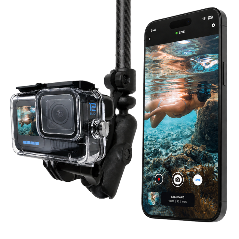 Seeker Pole Kit showing live underwater swimmer footage on a phone from a pole mounted action camera.