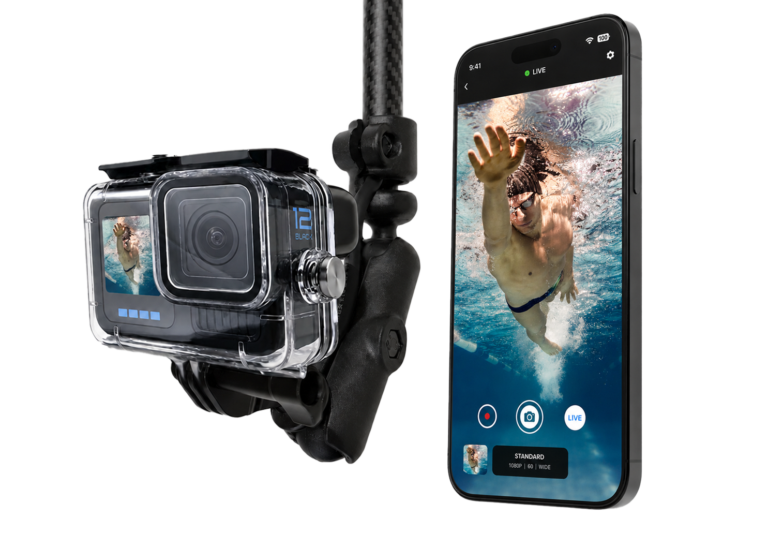 Seeker Pole Kit showing live underwater swimmer footage on a phone from a pole mounted action camera.