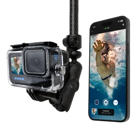 Seeker Pole Kit showing live underwater swimmer footage on a phone from a pole mounted action camera.