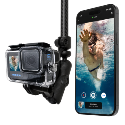 Seeker Pole Kit showing live underwater swimmer footage on a phone from a pole mounted action camera.
