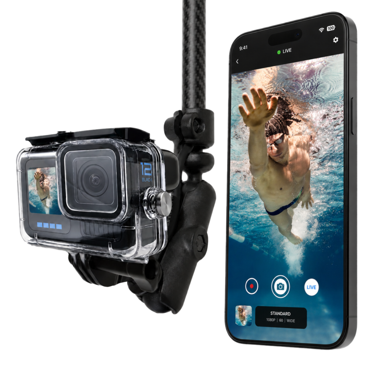 Seeker Pole Kit showing live underwater swimmer footage on a phone from a pole mounted action camera.