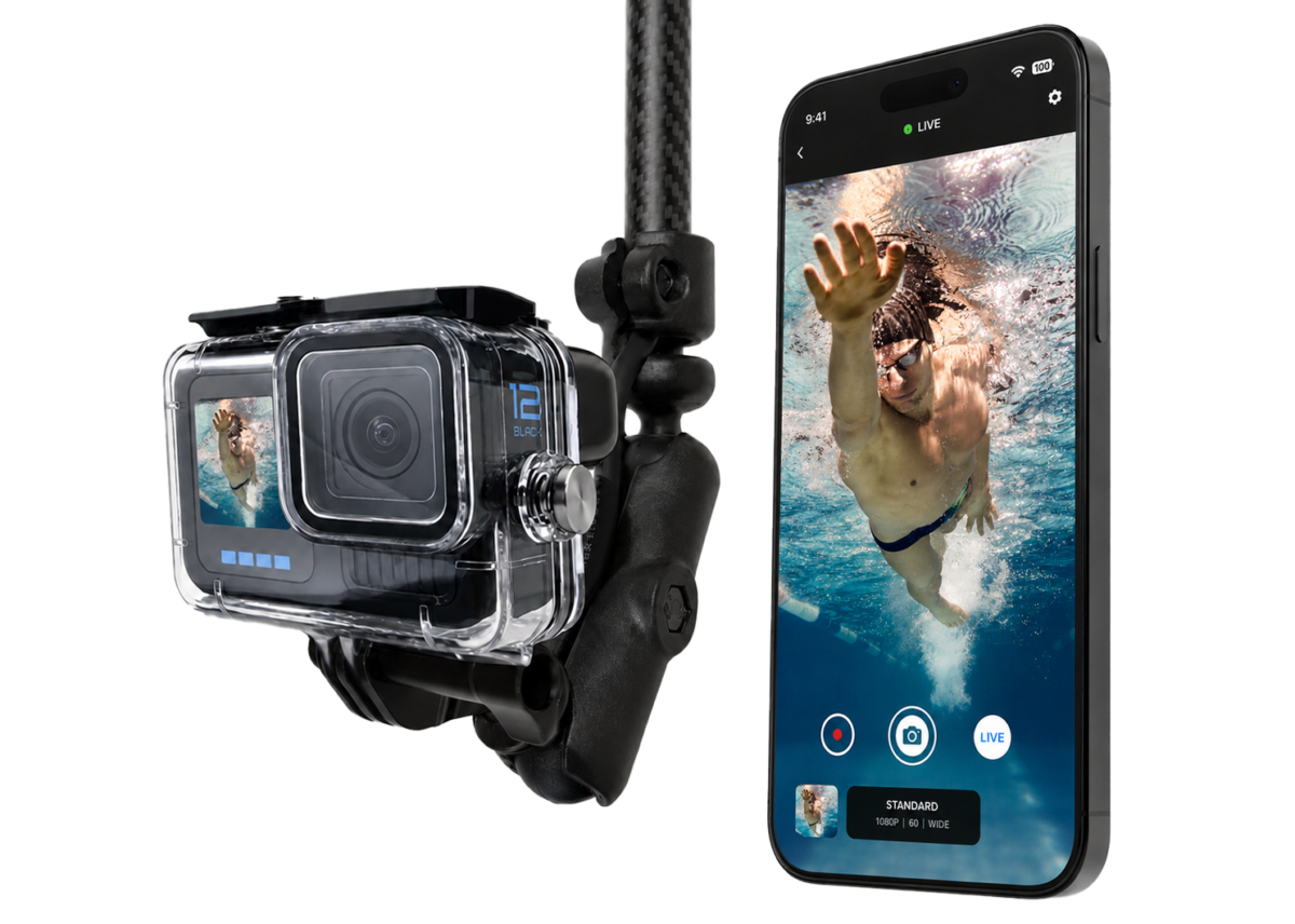 Seeker Pole Kit showing live underwater swimmer footage on a phone from a pole mounted action camera.