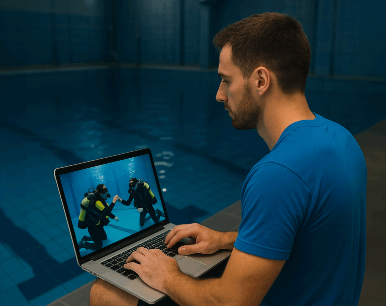 Dive instructor reviewing live scuba footage on laptop using underwater training camera system beside an indoor dive pool.