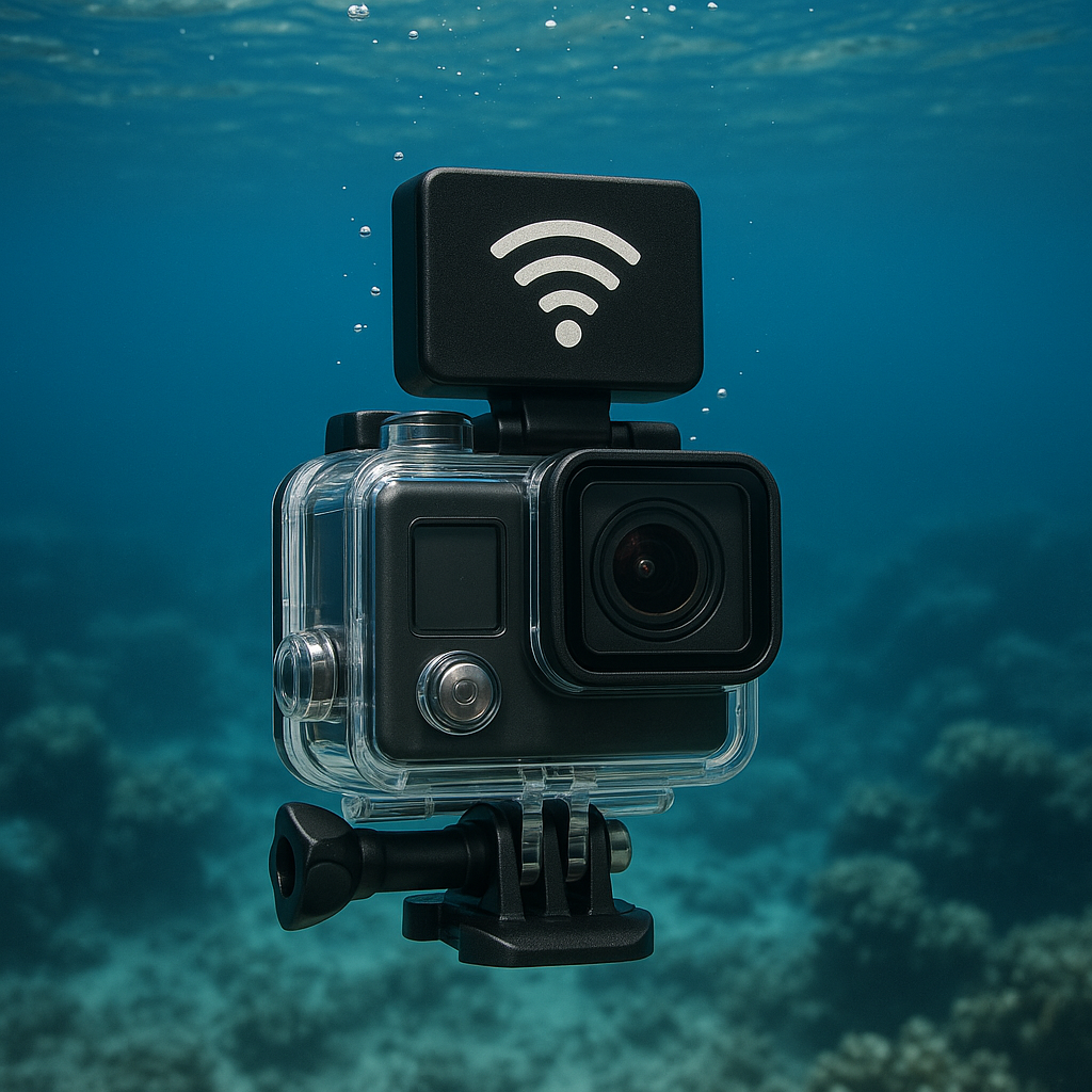 Action camera in waterproof housing with Wi-Fi receiver underwater above coral reef