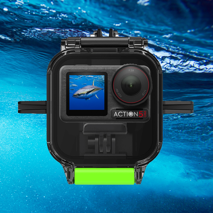DJI Action 5 Pro mounted in a Seavu Explorer housing, livestreaming underwater footage with bluefin tuna swimming nearby.