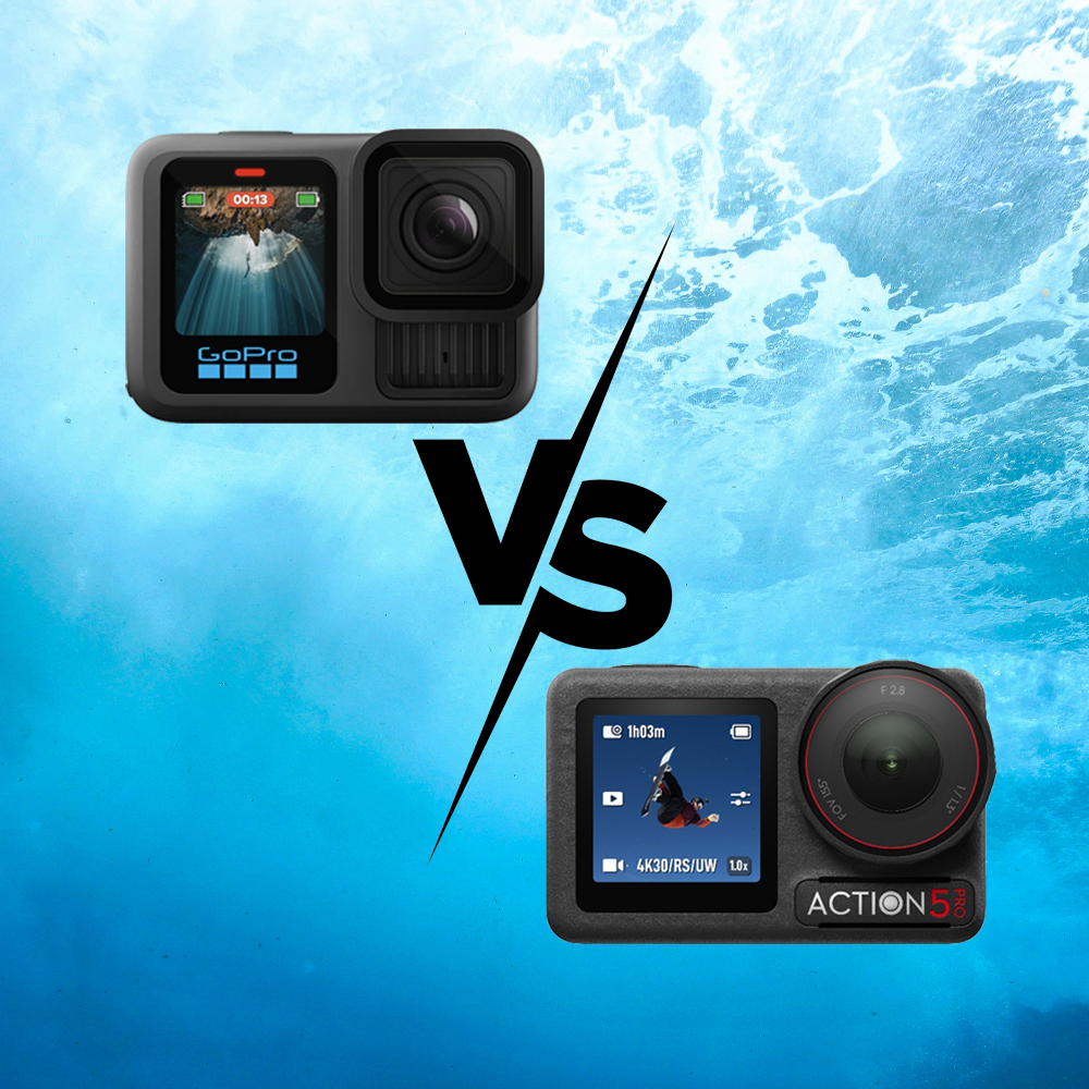 GoPro HERO13 and DJI Action 5 Pro side-by-side with VS graphic and underwater background
