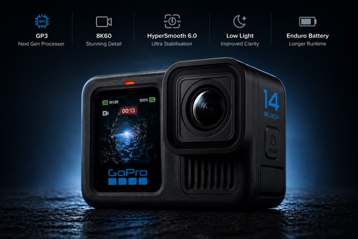 GoPro HERO14 action camera highlighting features like improved low light stabilisation and battery performance