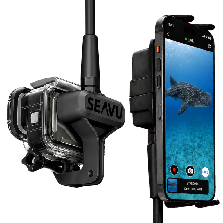 Seavu Seeker Marine Kit streaming a live underwater whale shark view to guests on a phone