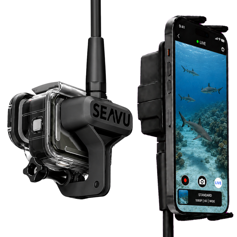 Seavu Seeker Marine Kit streaming a live underwater diving view of reef sharks to a phone