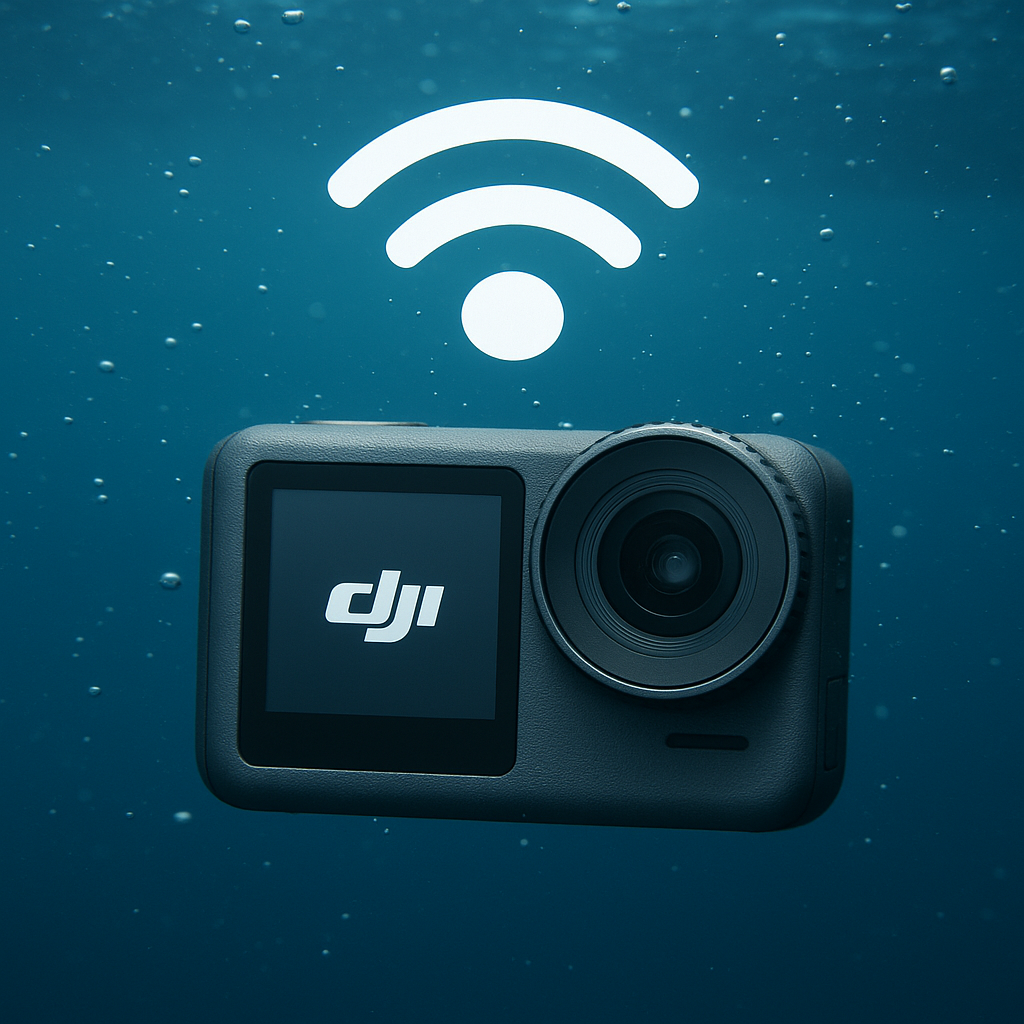 DJI Action camera submerged underwater with a Wi-Fi signal symbol indicating lost connection