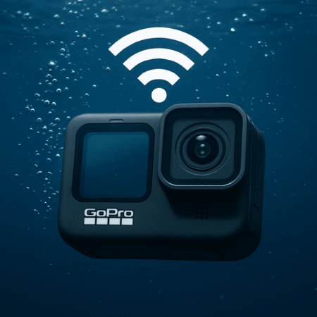GoPro camera submerged underwater with a Wi-Fi signal icon showing lost connection