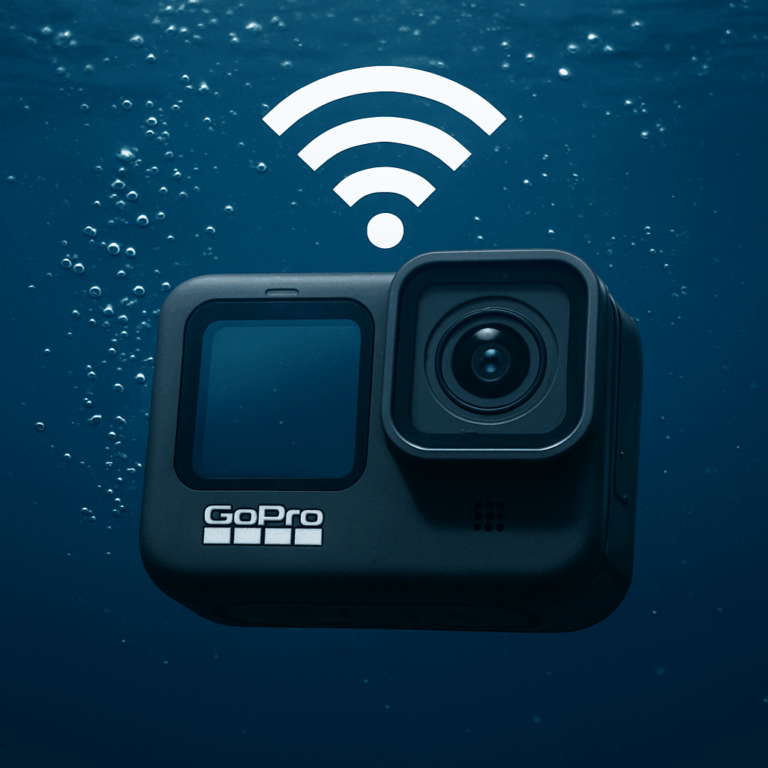 GoPro camera submerged underwater with a Wi-Fi signal icon showing lost connection