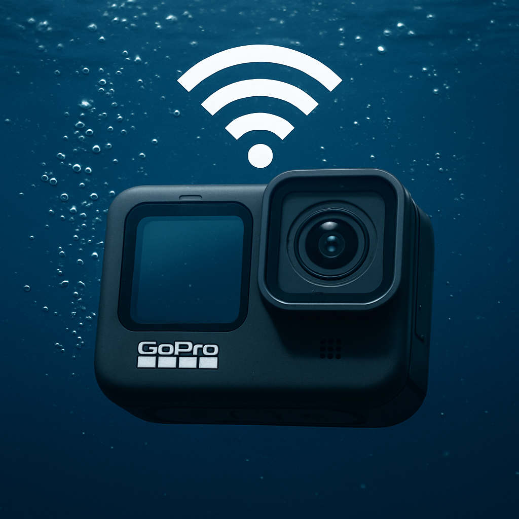 GoPro camera submerged underwater with a Wi-Fi signal icon showing lost connection