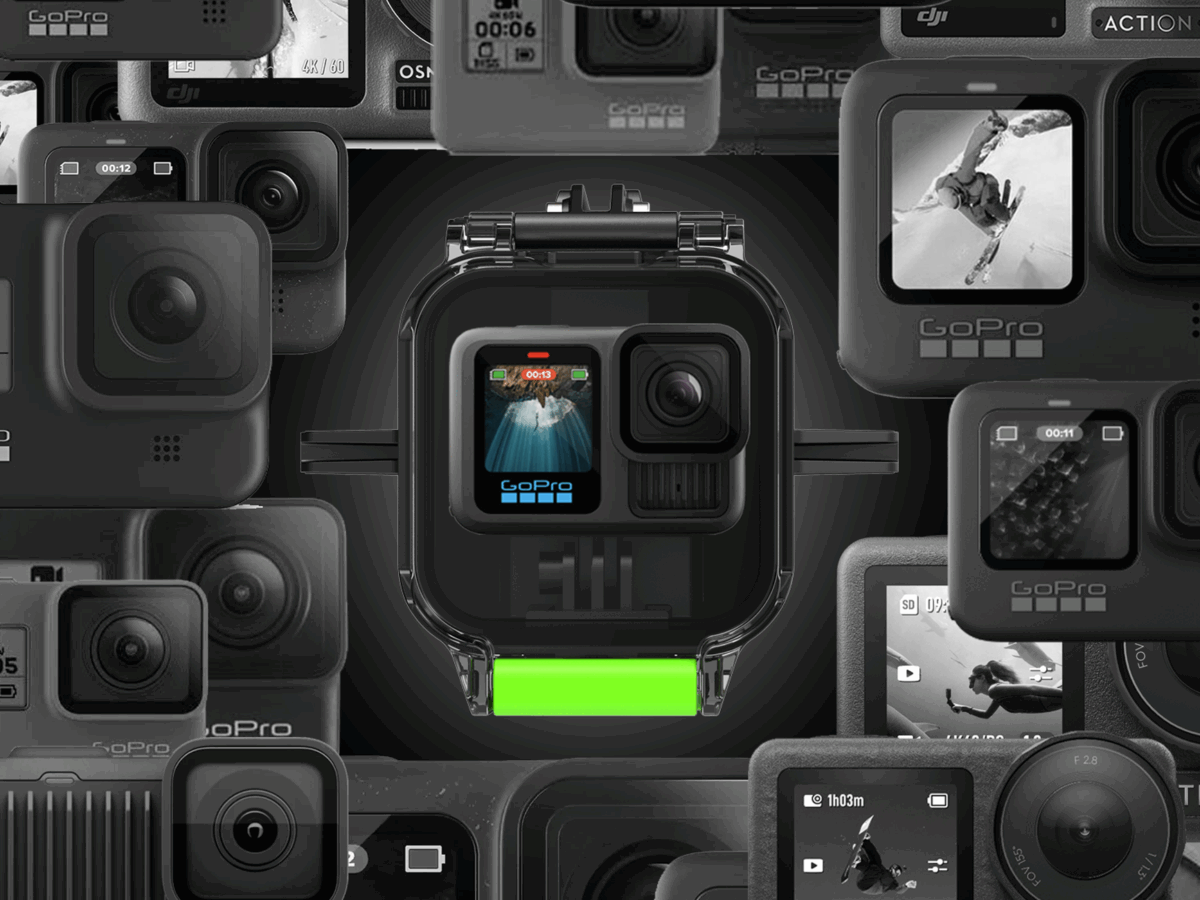 Seavu Explorer with GoPro Hero13 surrounded by all generations of GoPro and DJI action cameras, showing future-proof design