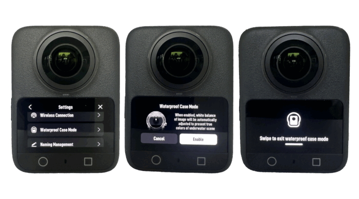 DJI Osmo 360 screen showing Waterproof Case Mode in the settings, hinting at support for an upcoming underwater housing.