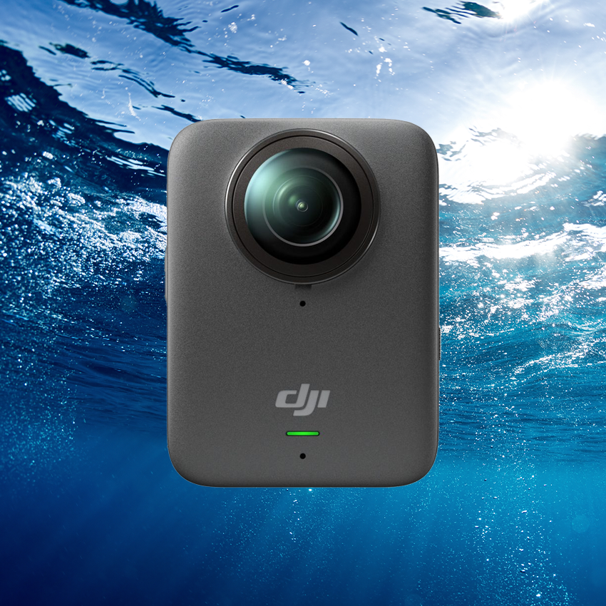 DJI Osmo 360 shown underwater, teasing the upcoming waterproof case designed for immersive 360-degree marine footage.
