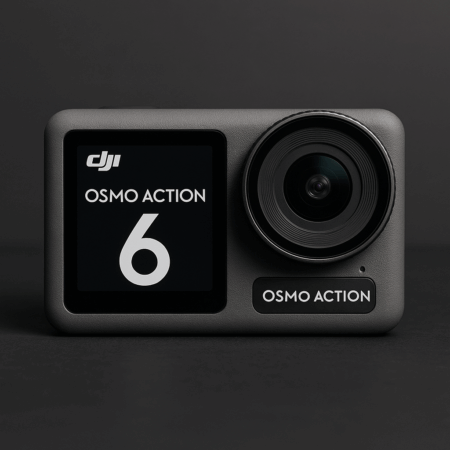 DJI Osmo Action 6 camera front view showing lens and display on dark background