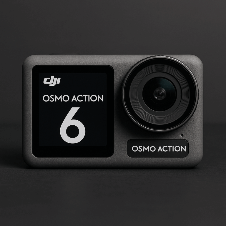 DJI Osmo Action 6 camera front view showing lens and display on dark background