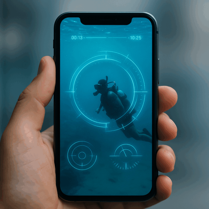 Smartphone displaying action camera footage with futuristic glowing HUD overlays
