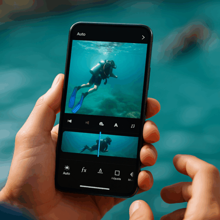 Person holding smartphone with action camera app editing casual underwater footage of diver