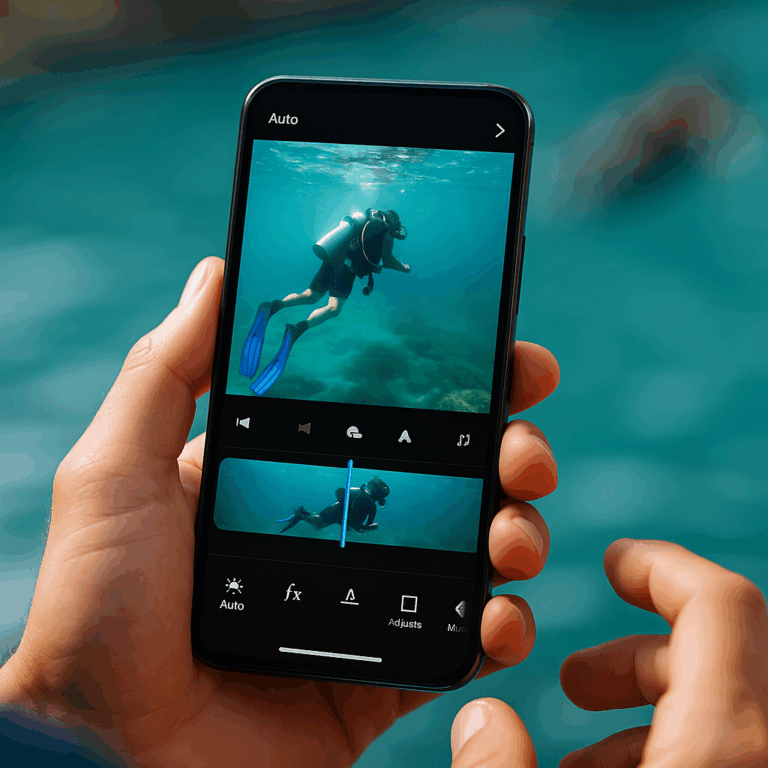 Person holding smartphone with action camera app editing casual underwater footage of diver