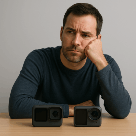 Split image of GoPro HERO and DJI Action 6 silhouettes symbolising delayed release dates