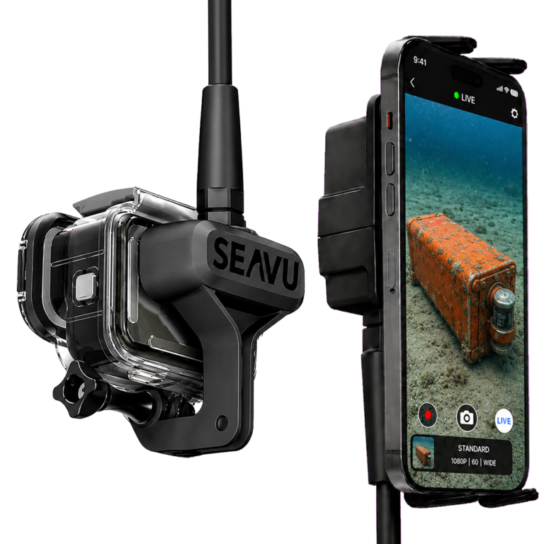 Seavu Seeker Marine Kit streaming a live underwater search and rescue view of a submerged case on the seabed to a phone