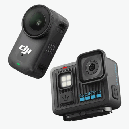 Small action cameras 2025 featuring GoPro Lit HERO with built-in LEDs and DJI Osmo Nano ultra-light design