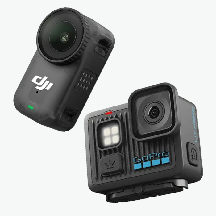 Small action cameras 2025 featuring GoPro Lit HERO with built-in LEDs and DJI Osmo Nano ultra-light design