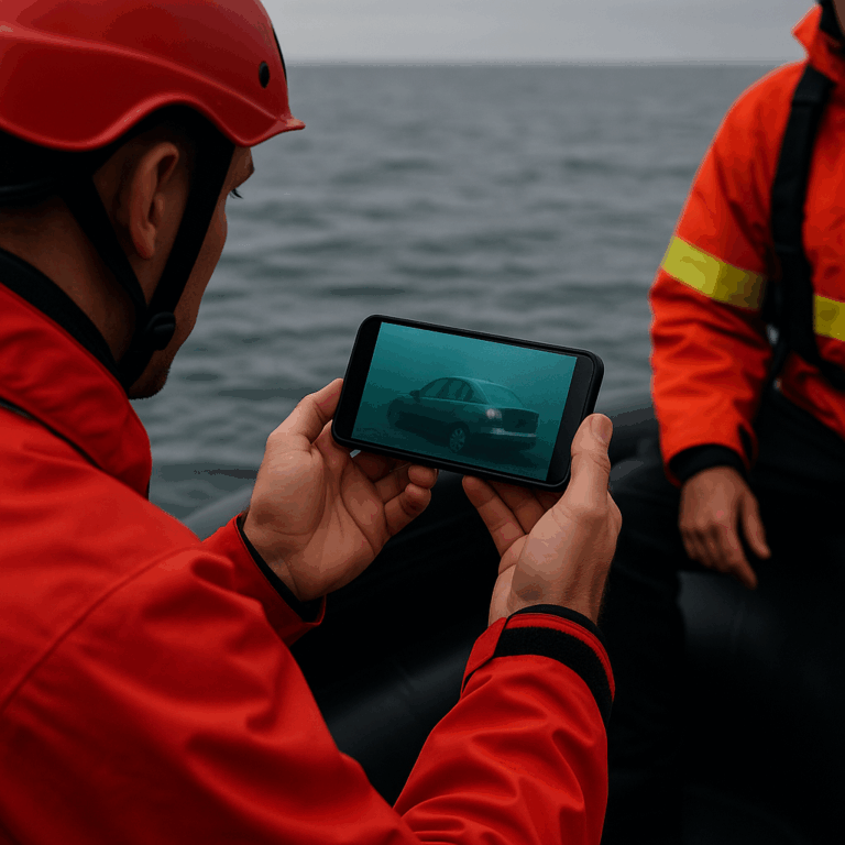 Rescue team on boat using an underwater camera for search and rescue, viewing submerged car on phone screen