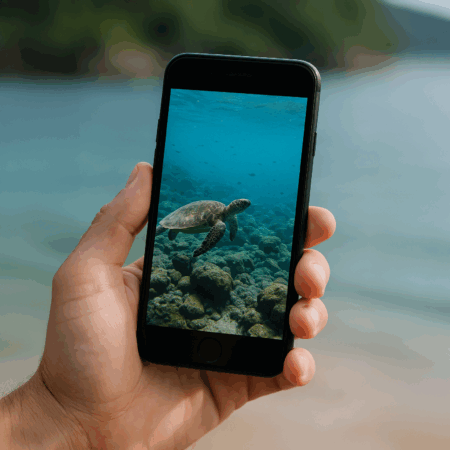A person holding a smartphone showing a live underwater camera feed of a sea turtle swimming above coral.