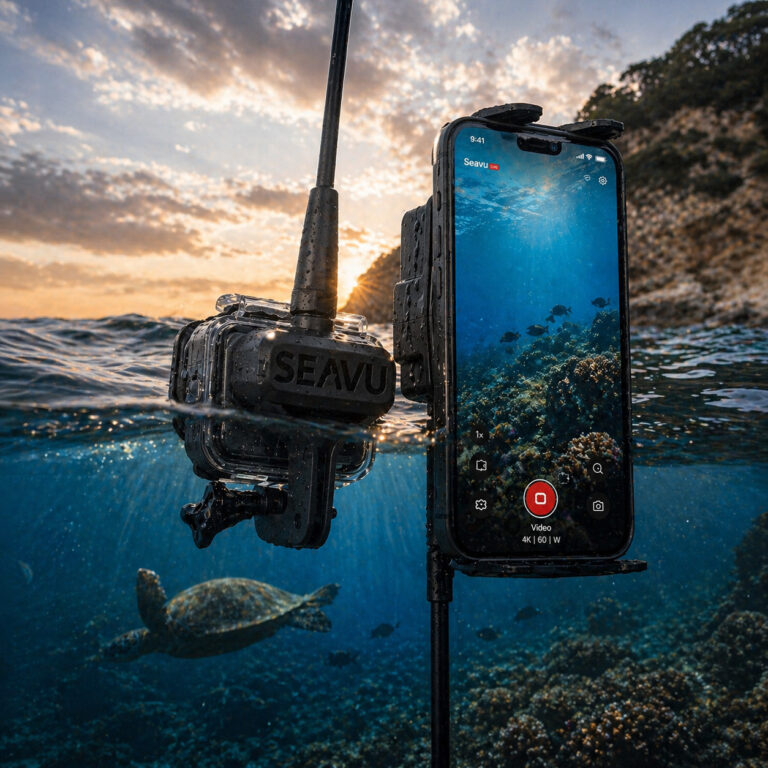 underwater camera live view system showing real time footage on a phone above water
