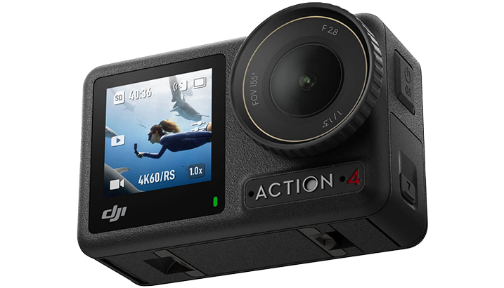 Angled close-up of the DJI Osmo Action 4, one of the best underwater cameras for Seavu kits and affordable livestreaming.