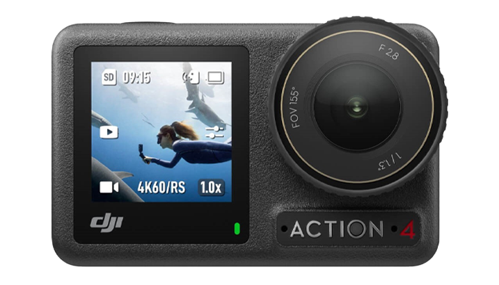 Front view of the DJI Osmo Action 4, one of the best budget underwater cameras for Seavu kits and livestreaming.