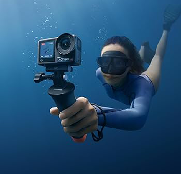 Woman underwater filming with the DJI Osmo Action 4 on a selfie stick, one of the best underwater cameras compatible with Seavu kits.