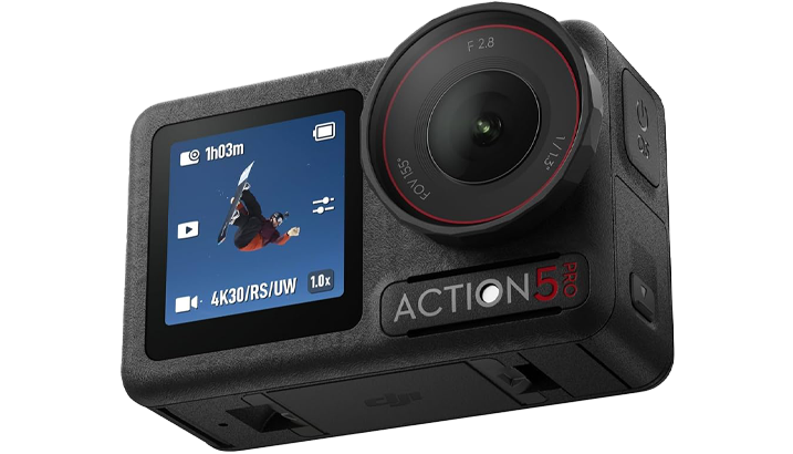 Angled close-up of the DJI Osmo Action 5 Pro, one of the best underwater cameras for Seavu kits and livestreaming.