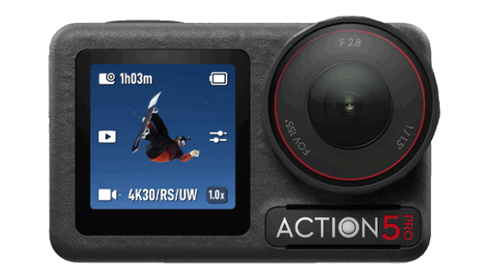 Front-facing image of the DJI Osmo Action 5 Pro, one of the best underwater cameras for Seavu kits and livestreaming.