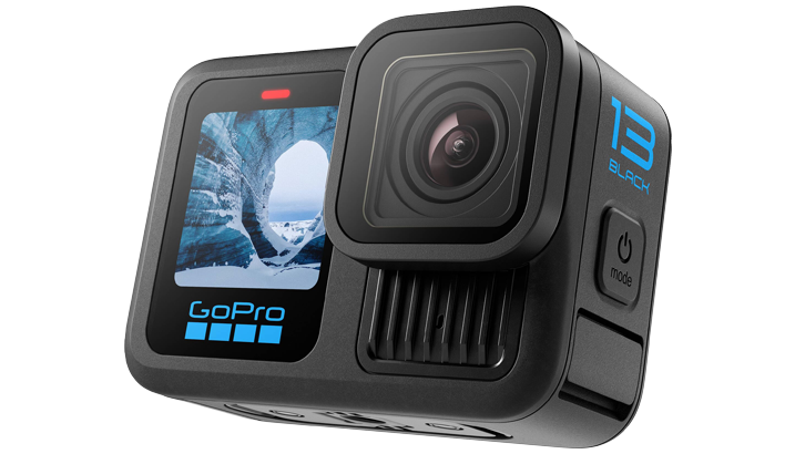 Angled close-up of the GoPro HERO13 Black, one of the best underwater cameras for Seavu kits and underwater livestreaming.