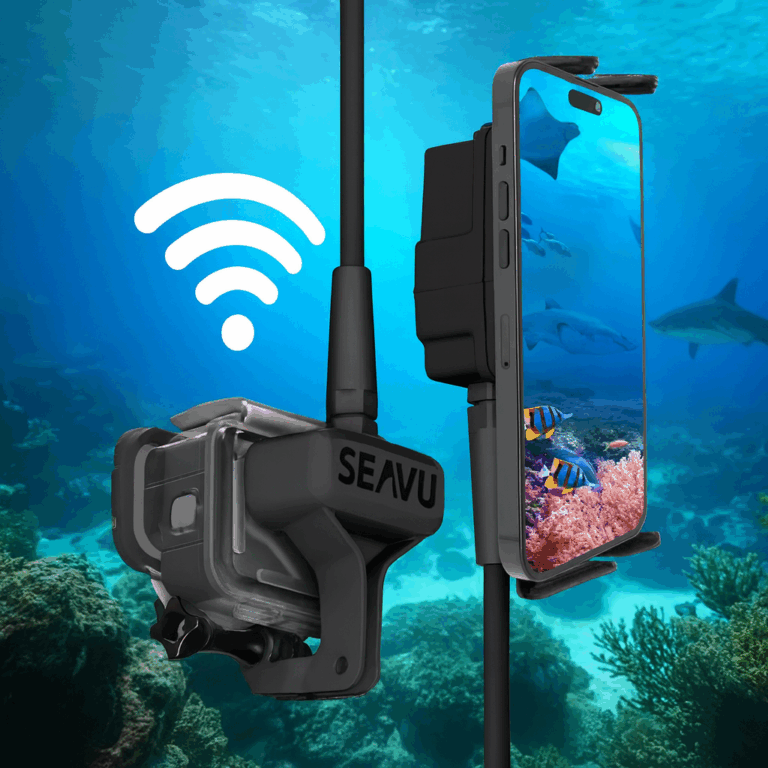 Seavu Seeker Marine Kit connecting a GoPro to a phone underwater with live WiFi view displayed on screen.