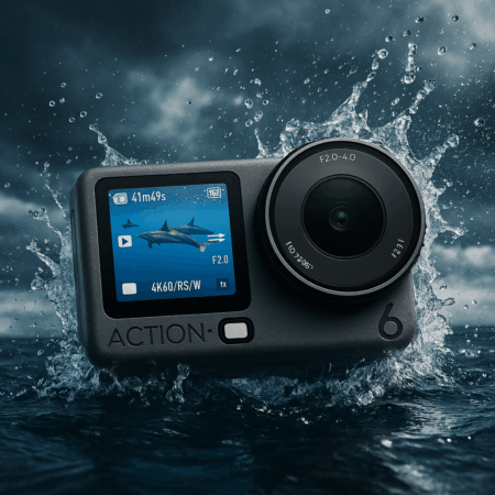 DJI Action 6 underwater splash scene showing the camera emerging from water.