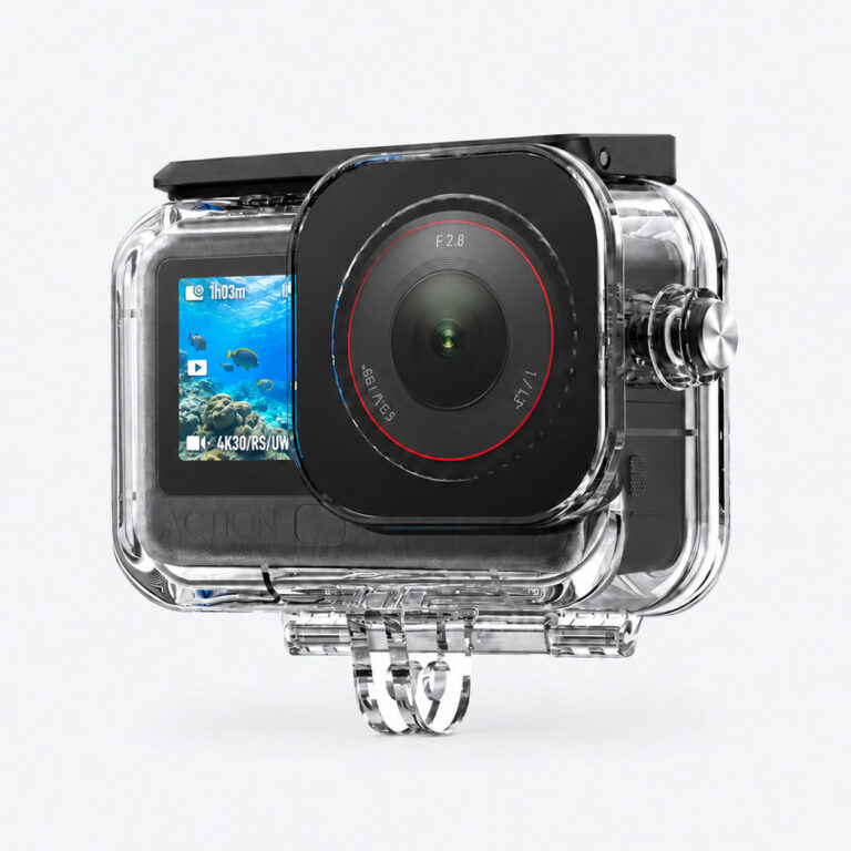 DJI Osmo Action 6 sealed inside a clear waterproof housing, front lens and rear screen showing an underwater reef scene visible through the case, side locking knob and two-prong mount underneath