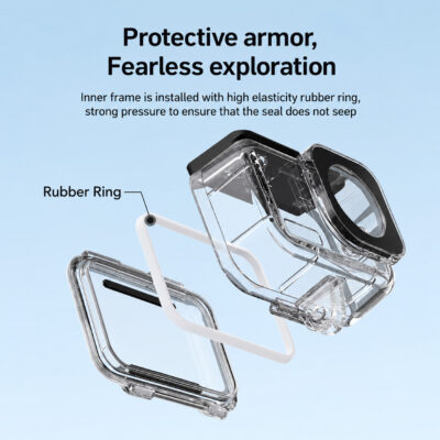 Exploded view of the clear DJI Osmo Action 6 waterproof housing showing the white rubber sealing ring between the main body and the removable back door