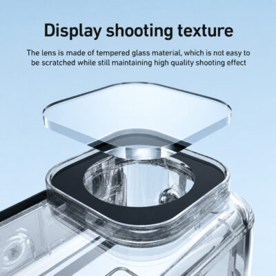 Close-up of the square tempered glass lens cover lifted above the clear DJI Osmo Action 6 waterproof housing, showing the scratch-resistant front port